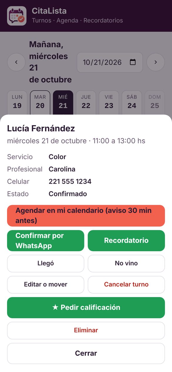 Confirmás y recordás por WhatsApp
